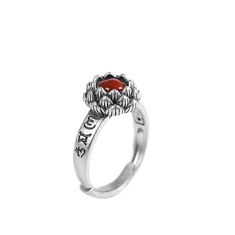 925 Sterling Silver Lotus Red Agate Confidence Blessing Ring