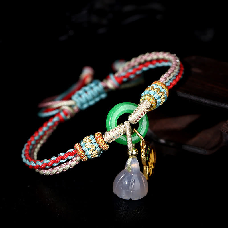 Buddha Stones Colorful Rope Chalcedony Lotus Jade Peace Buckle Harmony Gourd Charm Bracelet