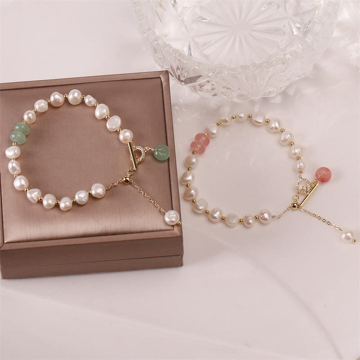 Buddha Stones Pearl Green Strawberry Quartz Bead Healing Chain Bracelet