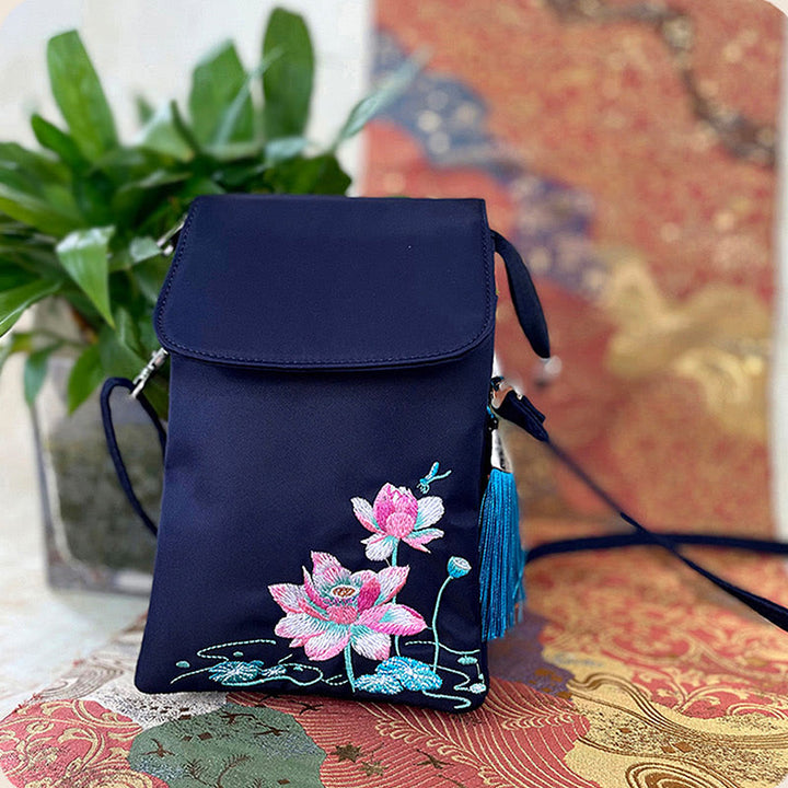 Waterproof Handmade Embroidered Lotus Flowers Crossbody Bag Shoulder Bag Cellphone Bag