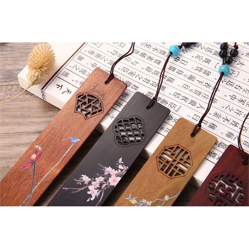 Buddha Stones 4Pcs Four Seasons Plum Orchid Bamboo Chrysanthemum Peking Opera Mask Wood Bookmarks With Gift Box