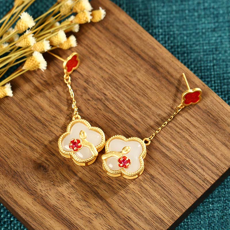 Buddha Stones 24K Gold Plated White Jade Four Leaf Clover Plum Blossom Luck Necklace Pendant Earrings