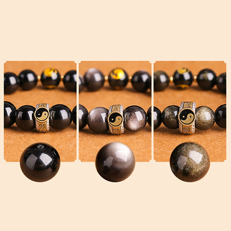 Buddha Stones 925 Sterling Silver Black Obsidian Gold Sheen Obsidian Silver Sheen Obsidian Yin Yang Protection Bracelet