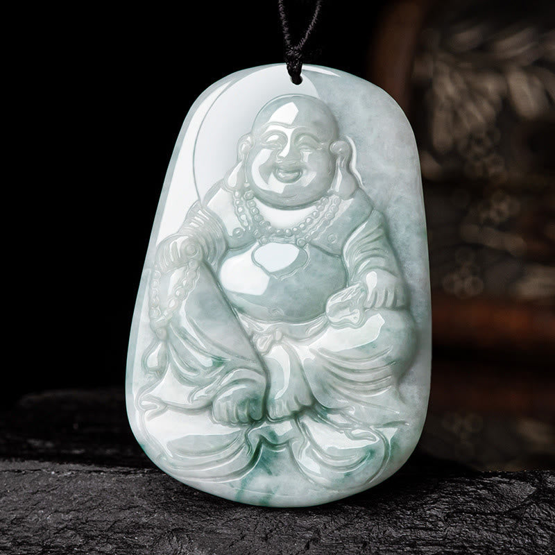 Buddha Stones Natural Jade Laughing Buddha Maitreya Buddha Luck String Necklace Pendant