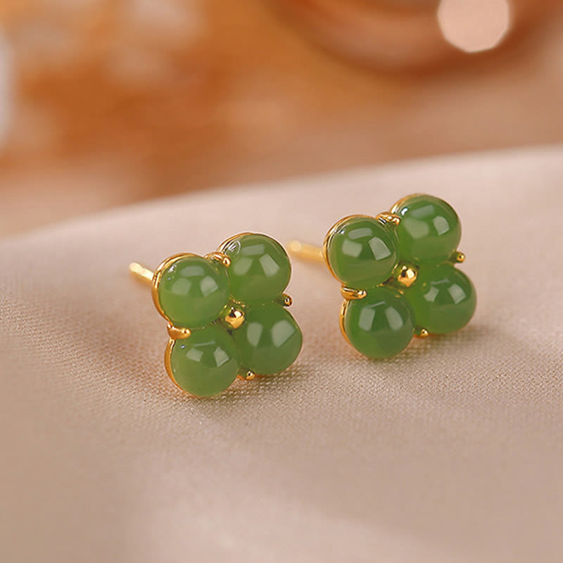 Buddha Stones 925 Sterling Silver Plated Gold Natural Cyan Jade Four Leaf Clover Luck Stud Earrings