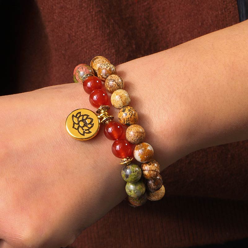 Buddha Stones Tibetan Picture Jasper Positive Lotus Bracelet Set