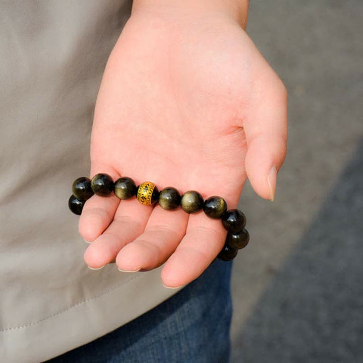 Chinese Zodiac Natal Buddha Gold Sheen Obsidian Wealth Protection Bracelet