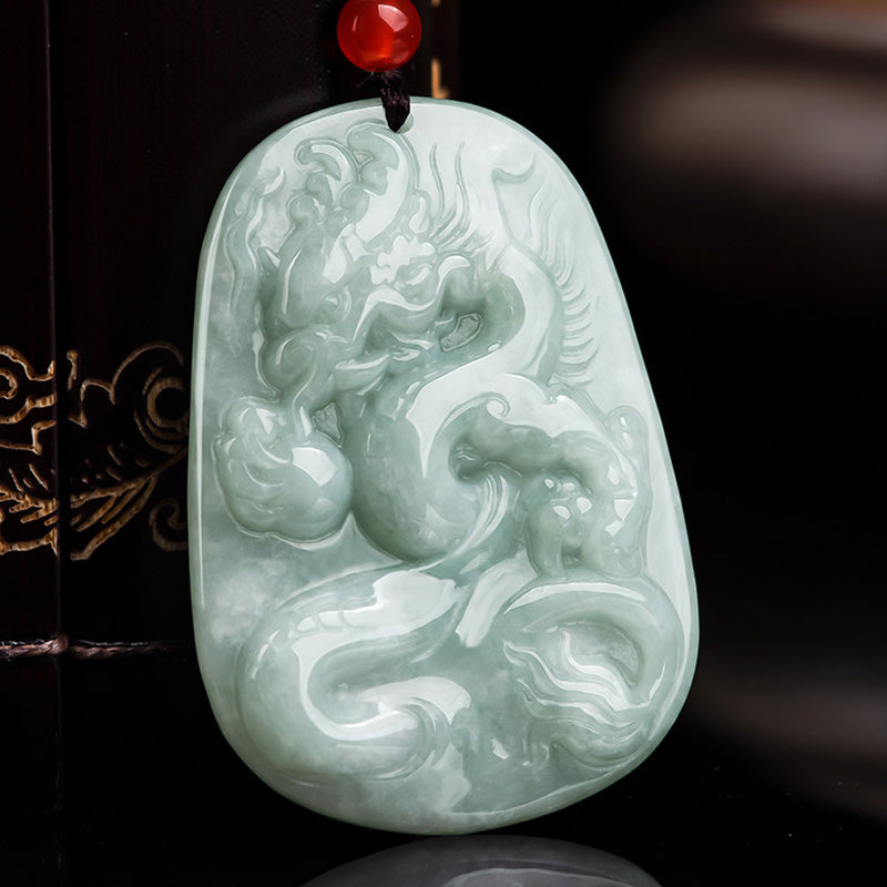 Buddha Stones Chinese Zodiac Flying Dragon Jade Protection Necklace String Pendant