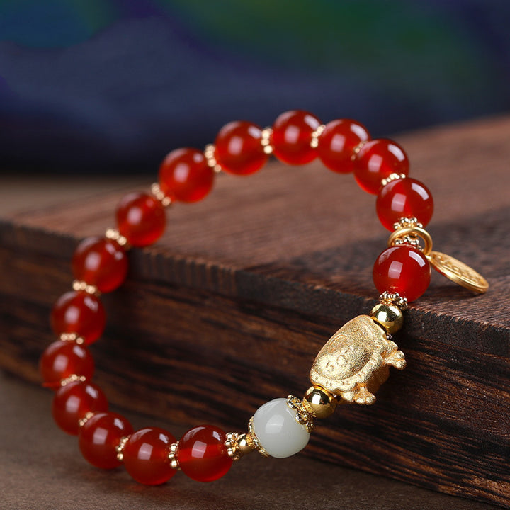 Buddha Stones Year Of The Dragon Red Agate Gray Agate Dumpling Luck Fu Character Bracelet