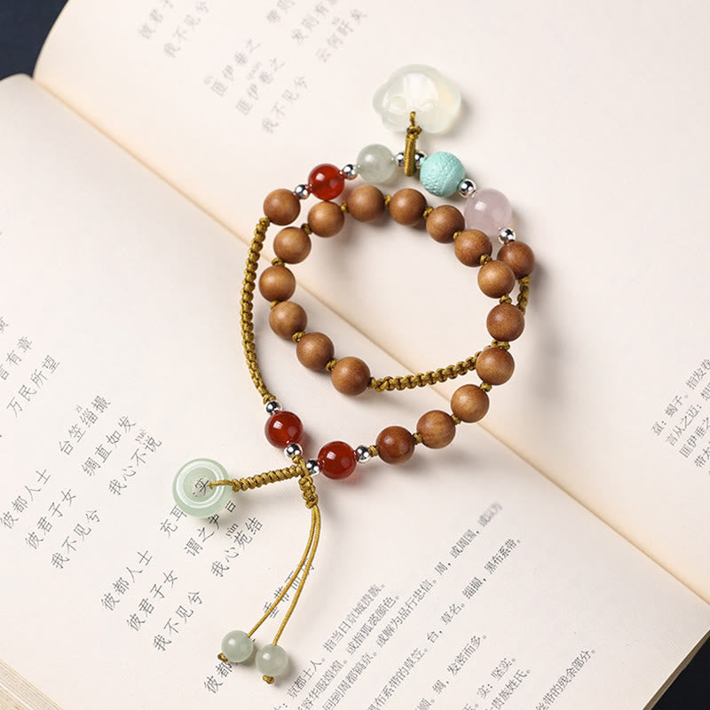 Buddha Stones Green Sandalwood Chalcedony Peace Buckle Charm Soothing Double Wrap Bracelet