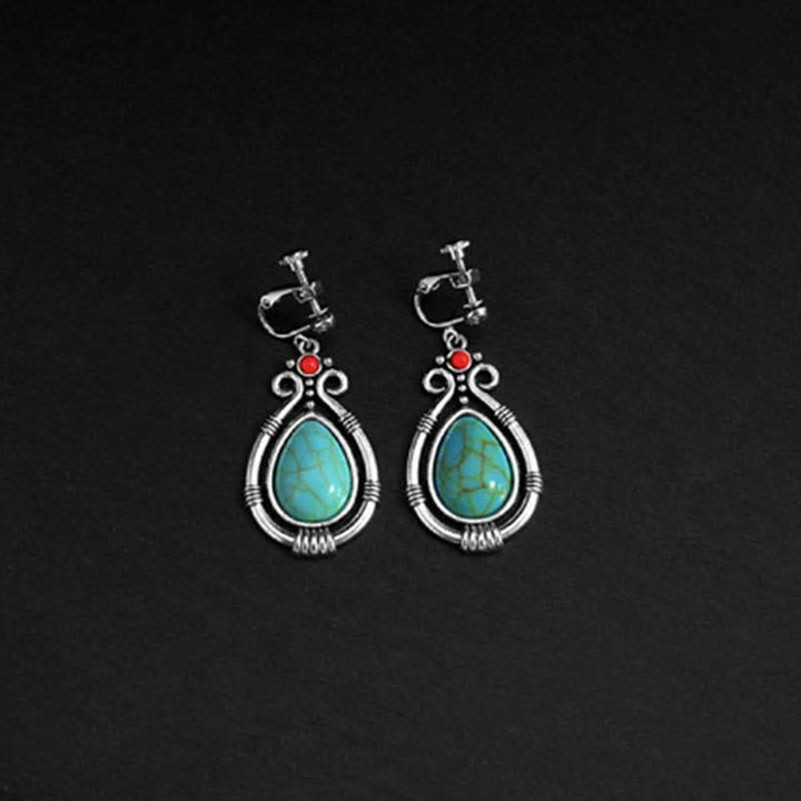 Tibet Vintage Turquoise Waterdrop Strength Drop Dangle Earrings Clips