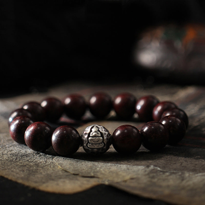 Buddha Stones 999 Sterling Silver Green Sandalwood Small Leaf Red Sandalwood Buddha Cure Bracelet