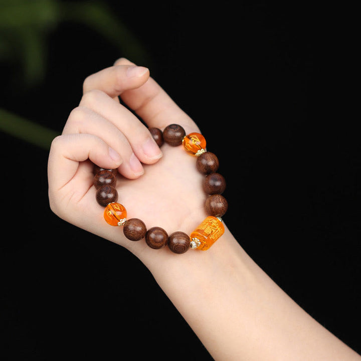 Buddha Stones Natural Phoebe Zhennan Wood Om Mani Padme Hum God Of Wealth Crystal Protection Bracelet