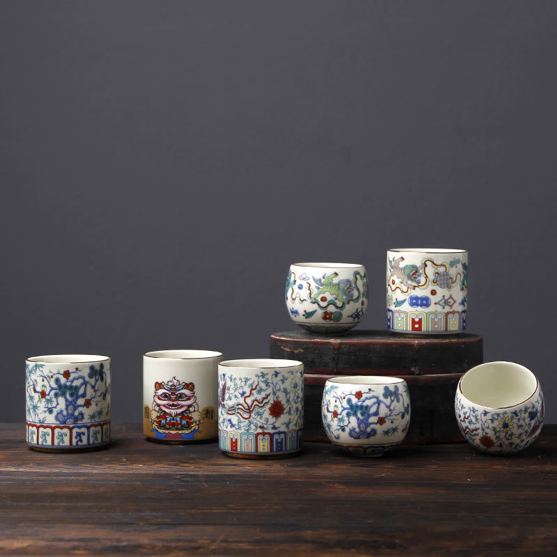 Buddha Stones Vintage Plum Blossom Pine Bamboo Phoenix Kirin Lion Dancing Ceramic Teacup Tea Cups