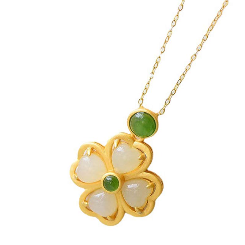 Buddha Stones 925 Sterling Silver Lucky Four Leaf Clover Jade Prosperity Necklace Chain Pendant