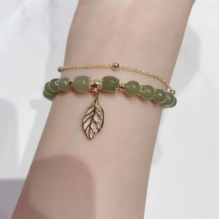 Buddha Stones Jade Leaf Ginkgo Tulip Peanut Fu Character Luck Beaded Bracelet