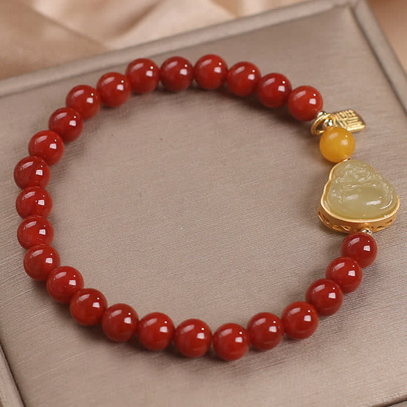 Buddha Stones Laughing Buddha Red Agate Jade Confidence Bracelet