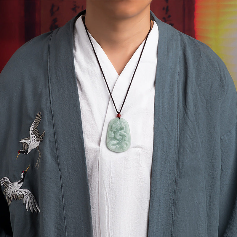 Buddha Stones Chinese Zodiac Flying Dragon Jade Protection Necklace String Pendant