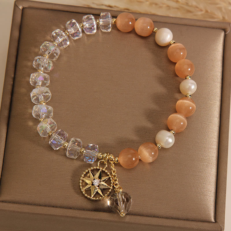 Buddha Stones Orange Cat's Eye White Crystal Star Support Bracelet