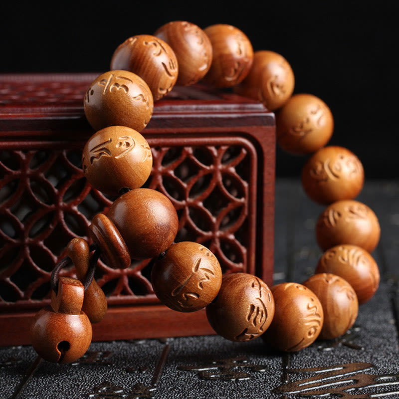 Buddha Stones Natural Tibetan Peach Wood Om Mani Padme Hum Engraved Ward Off Evil Spirits Bracelet