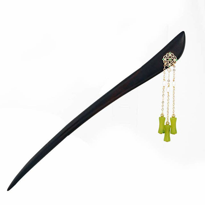 Buddha Stones Natural Peridot Ebony Wood Love Tassels Hairpin