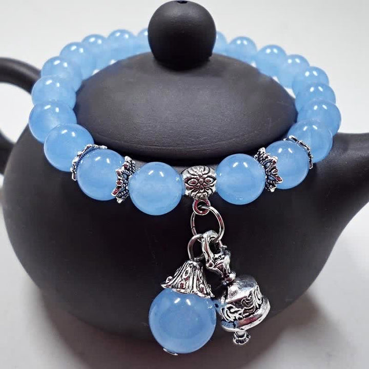 Vintage Crystal Chalcedony Stone Energy Beaded Bell Charm Bracelet