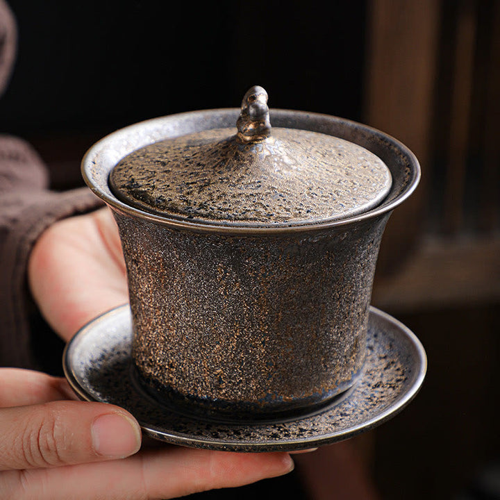 Buddha Stones Retro Rust Glaze Ceramic Gaiwan Sancai Teacup Kung Fu Tea Cup And Saucer With Lid