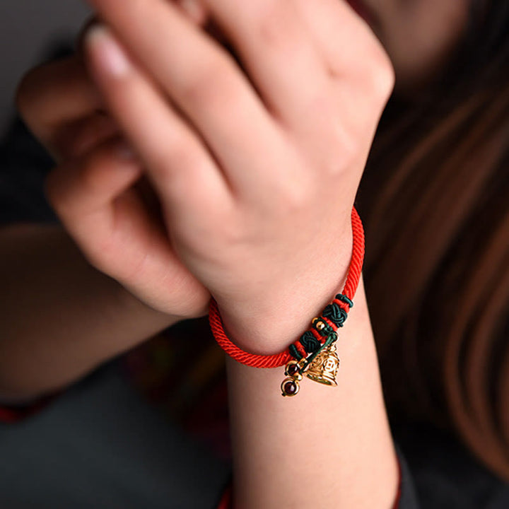 Buddha Stones 14K Gold Plated Copper Coin Bell Garnet Handcrafted Red Rope Bracelet