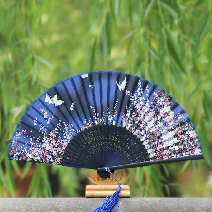 Buddha Stones Butterfly Flowers Handheld Bamboo Folding Fan