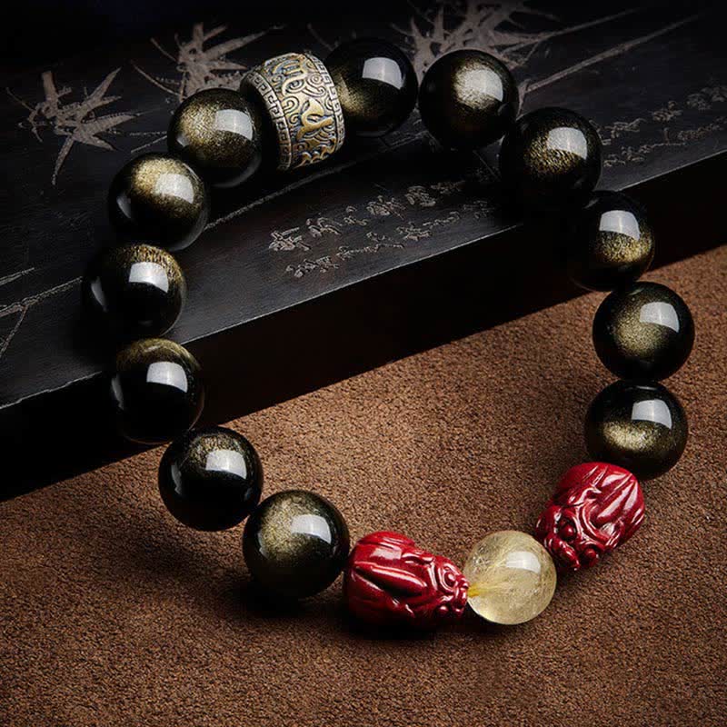 Buddha Stones Gold Sheen Obsidian PiXiu Cinnabar Om Mani Padme Hum Protection Bracelet