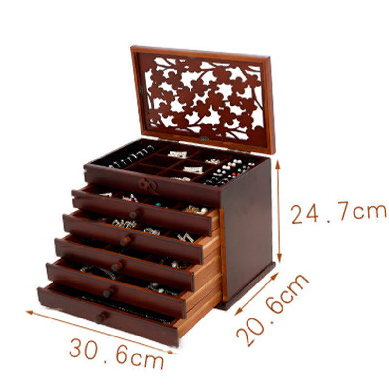 Buddha Stones Vintage Plum Blossom Carved Wooden Jewelry Box Six-Layer Jewelry Storage Box