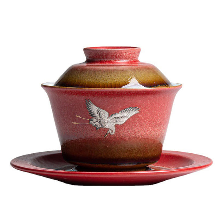 Buddha Stones Red Auspicious Crane Ceramic Gaiwan Sancai Teacup Kung Fu Tea Cup And Saucer With Lid