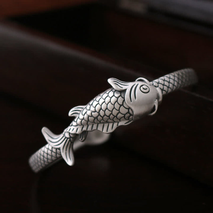 990 Sterling Silver Koi Fish Lotus Luck Wealth Bracelet Bangle