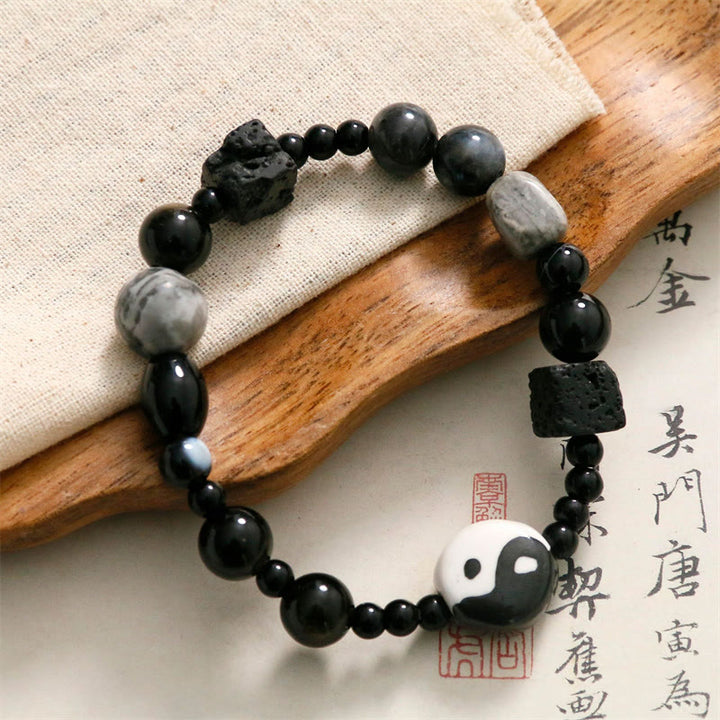 Buddha Stones Black Onyx Picasso Jasper Bead Yin Yang Fortune Protection Bracelet