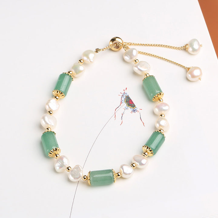 Buddha Stones Green Aventurine Pearl Pink Crystal Bead Luck Bracelet