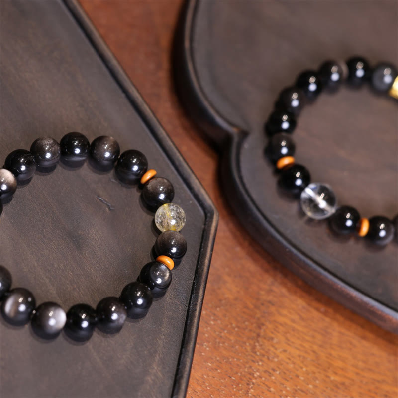 Buddha Stones Natural Silver Sheen Obsidian Crystal Om Mani Padme Hum Bead Protection Bracelet