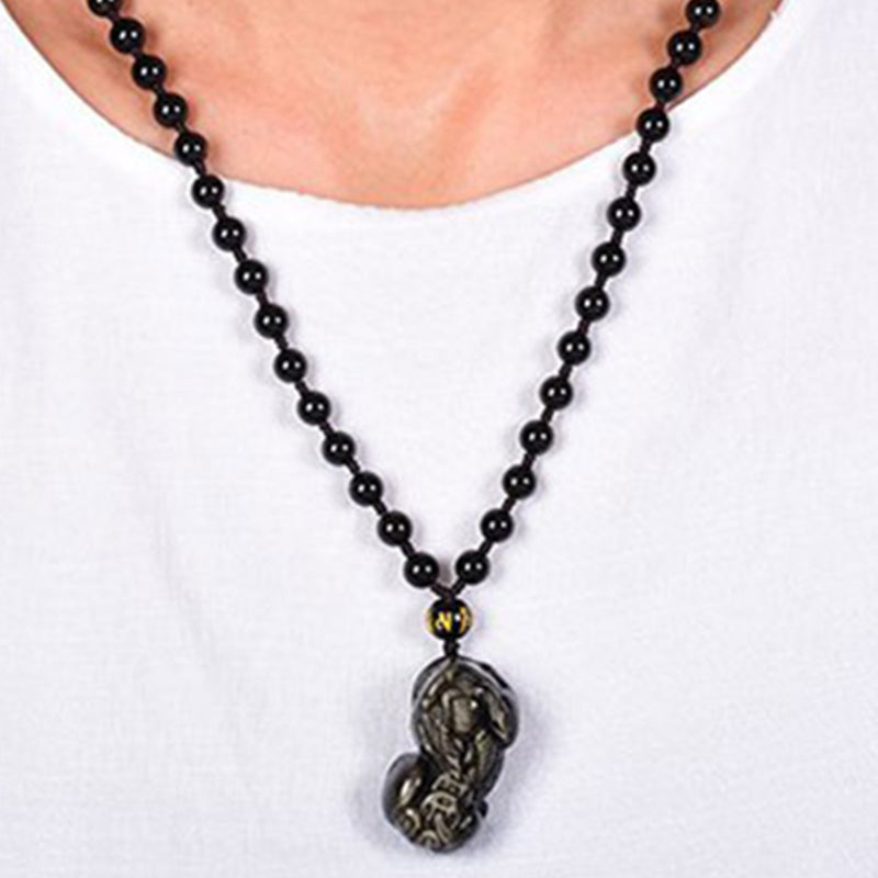 FengShui Gold Sheen Obsidian PiXiu Wealth Necklace