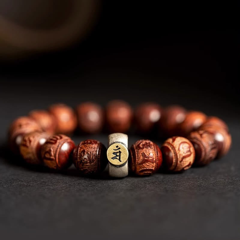 Buddha Stones Chinese Zodiac Natal Buddha Small Leaf Red Sandalwood Om Mani Padme Hum Protection Bracelet