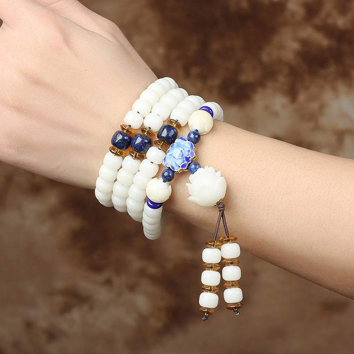 Buddha Stones White Bodhi Lotus Mala Focus Bracelet