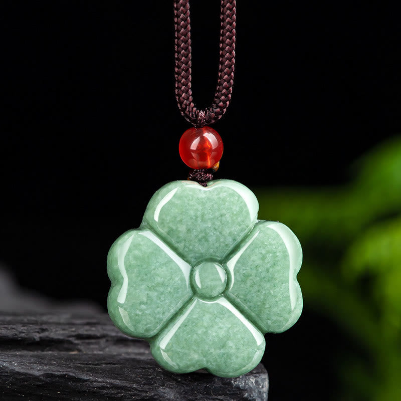 Buddha Stones Natural Lucky Four Leaf Clover Jade Prosperity Necklace Pendant