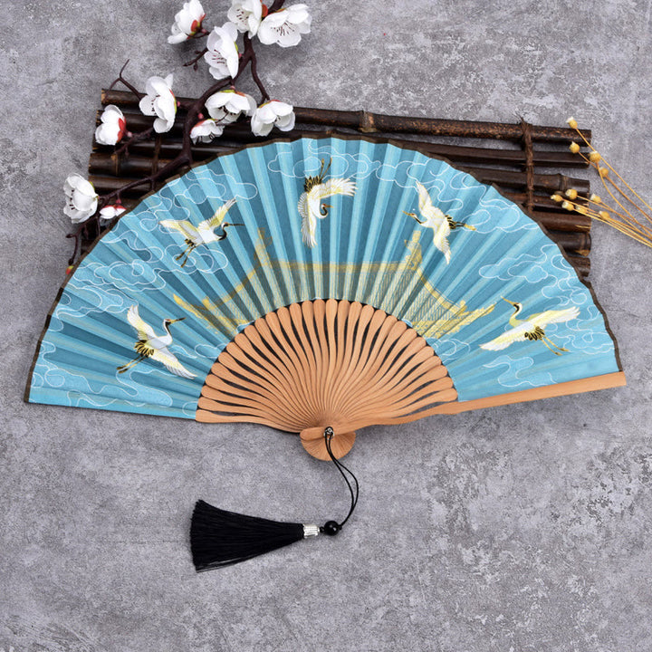 Buddha Stones Vintage Cloud Crane Pattern Handheld Bamboo Folding Fan