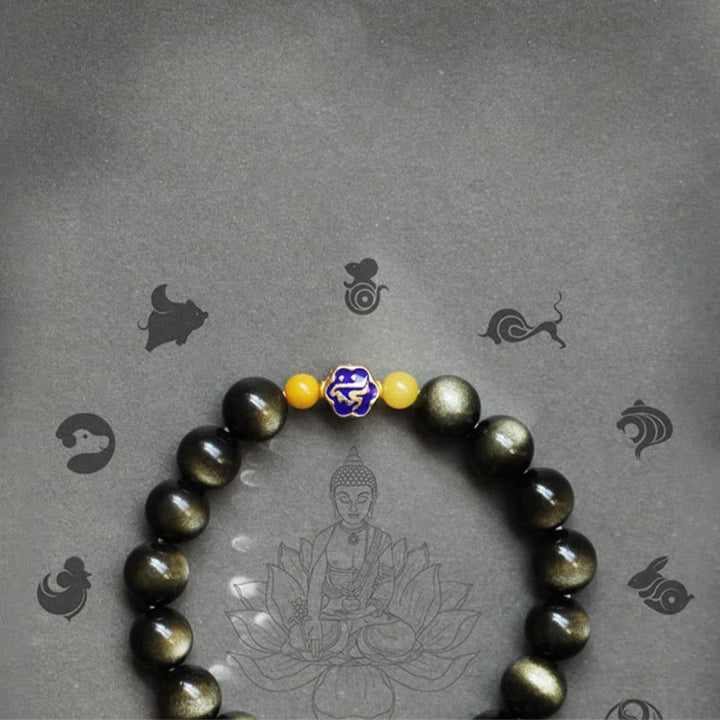 Buddha Stones 925 Sterling Silver Chinese Zodiac Natal Buddha Natural Gold Sheen Obsidian Amber Wealth Protection Bracelet