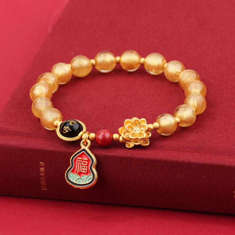 Buddha Stones Tibet Om Mani Padme Hum Fu Character Gourd Charm Lotus Liuli Glass Bead Luck Bracelet