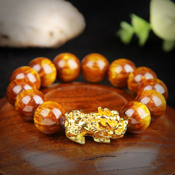 Buddha Stones Lucky Golden Tiger Eye Abundant Pixiu Bracelet