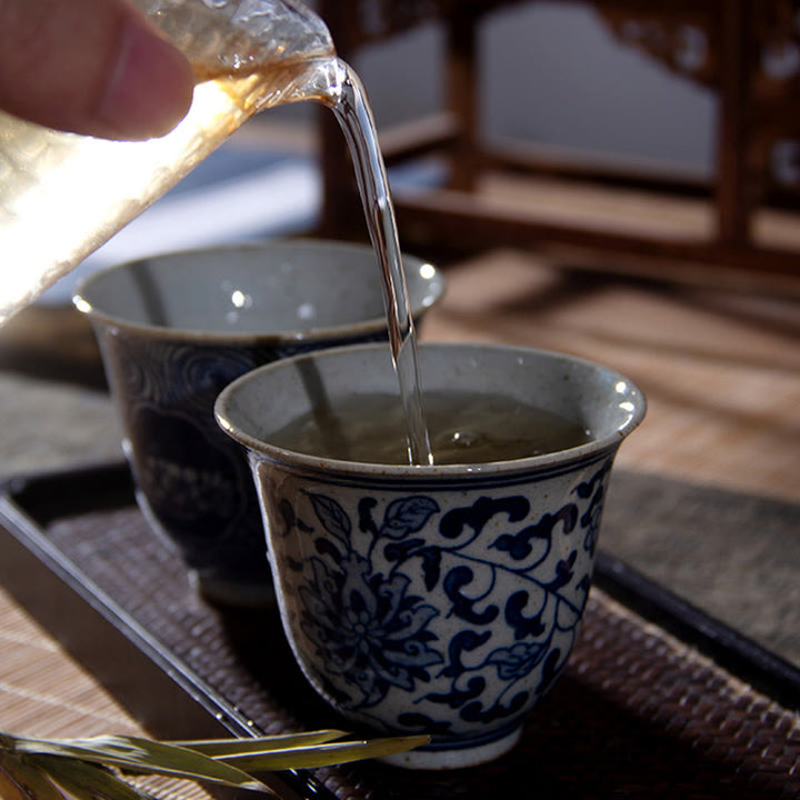 Buddha Stones Jingdezhen Blue and White Porcelain Hand Painted Lotus Plum Blossom Ceramic Teacup Kung Fu Tea Cups