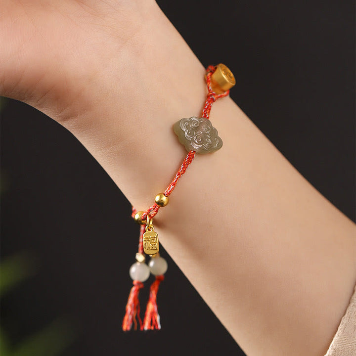 Buddha Stones Handmade Auspicious Clouds Hetian Jade Fu Character Luck Fortune Rope Bracelet