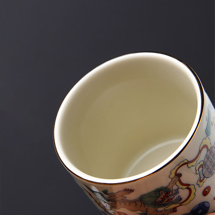 Buddha Stones Vintage Plum Blossom Pine Bamboo Phoenix Kirin Lion Dancing Ceramic Teacup Tea Cups