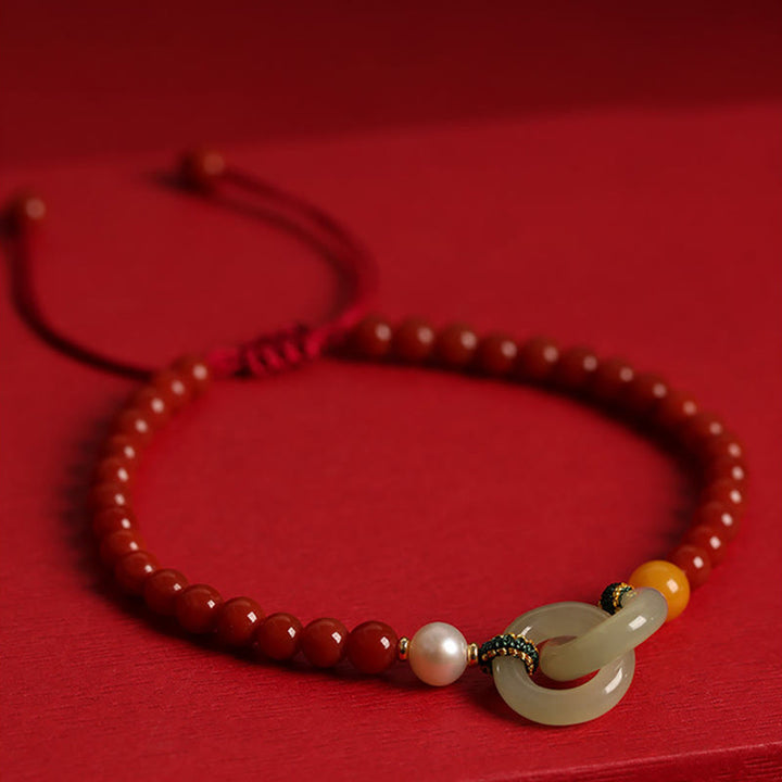 Buddha Stones Natural Red Agate Hetian Jade Double Peace Buckle Confidence Bracelet