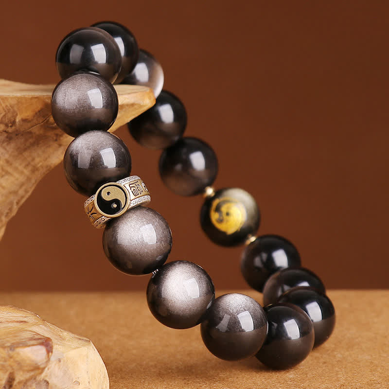 Buddha Stones 925 Sterling Silver Black Obsidian Gold Sheen Obsidian Silver Sheen Obsidian Yin Yang Protection Bracelet