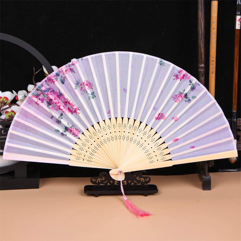 Buddha Stones Classic Birds Singing Flowers Handheld Bamboo Folding Fan